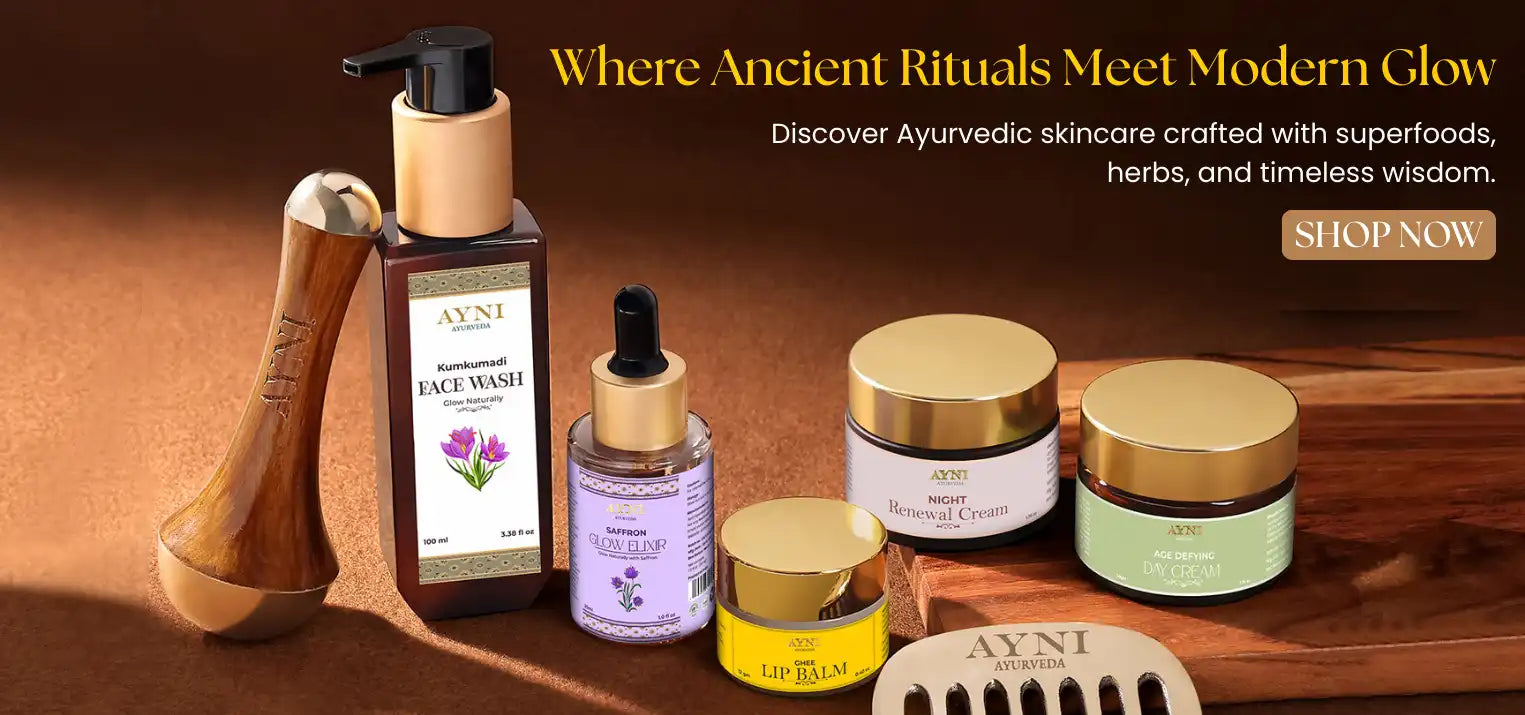 Ayurvedic skincare products on a wooden surface with promotional text.