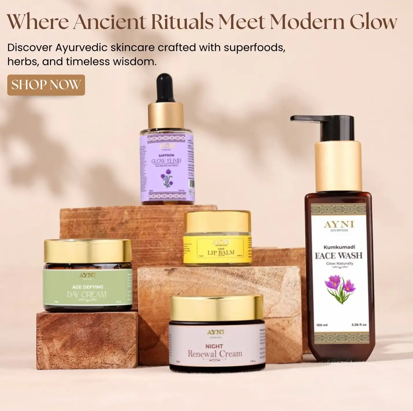 Ayurvedic skincare products on a wooden stand with a beige background