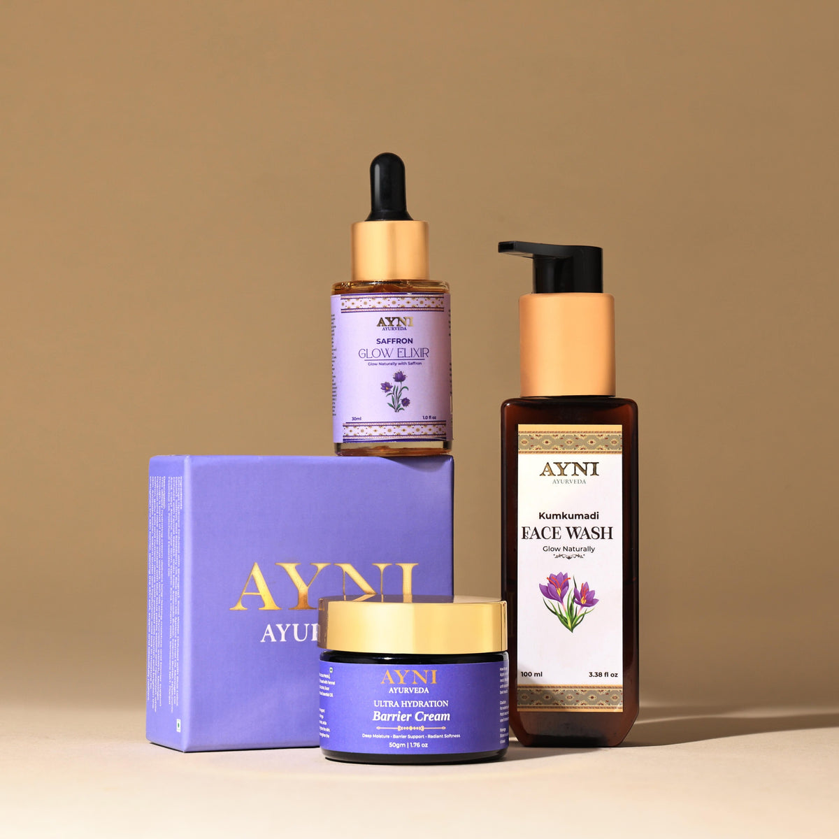 Kumkumadi Face Wash + Saffron Glow Elixir + Ultra Hydration Barrier Cream The Holiday Glow Ritual
