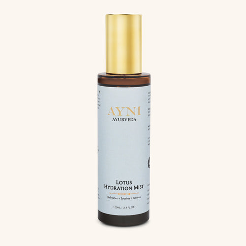 Ayni Ayurveda Lotus Hydration Mist bottle with gold cap on a white background