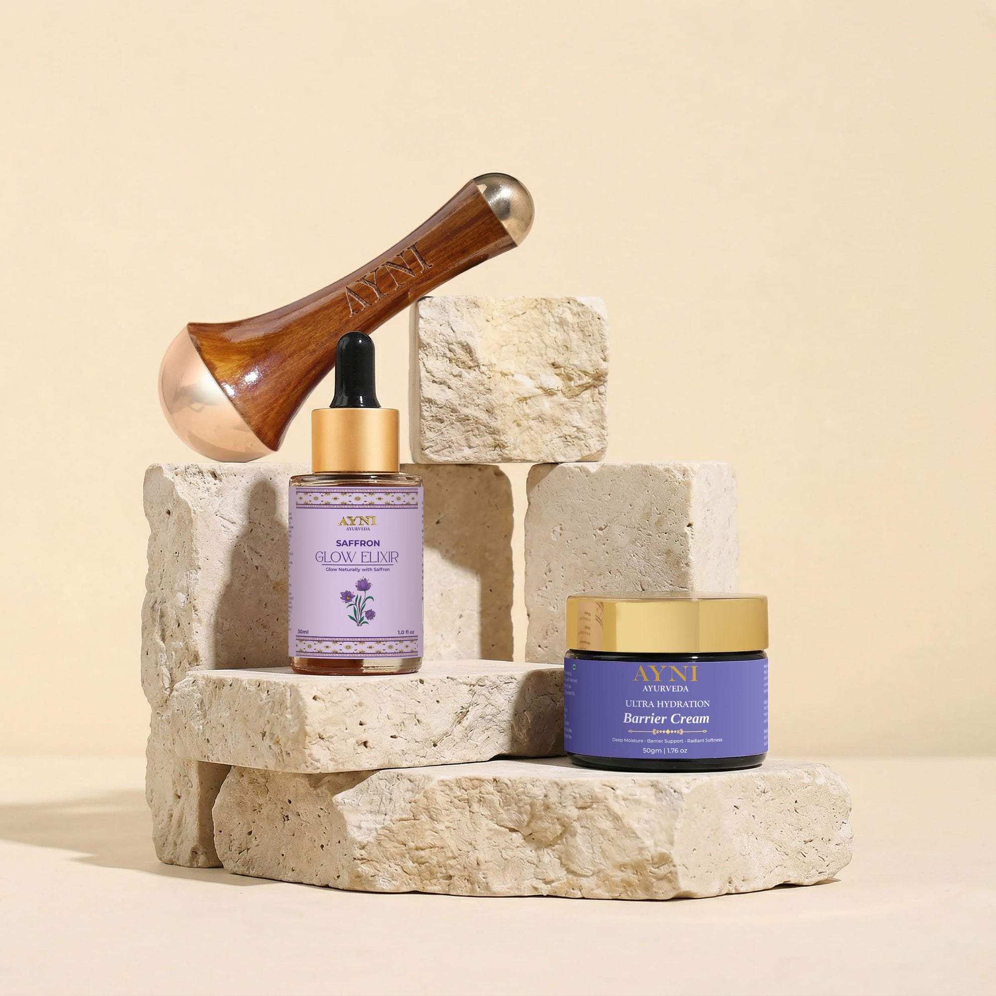Ayni Ayurveda Sculpt and Lift Ritual with Kansa Wand, Saffron Glow Elixir and Ayni barrier repair cream