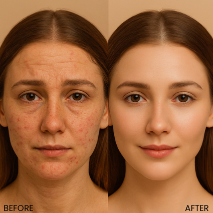 Before and after comparison of a woman's face with visible skin improvement.