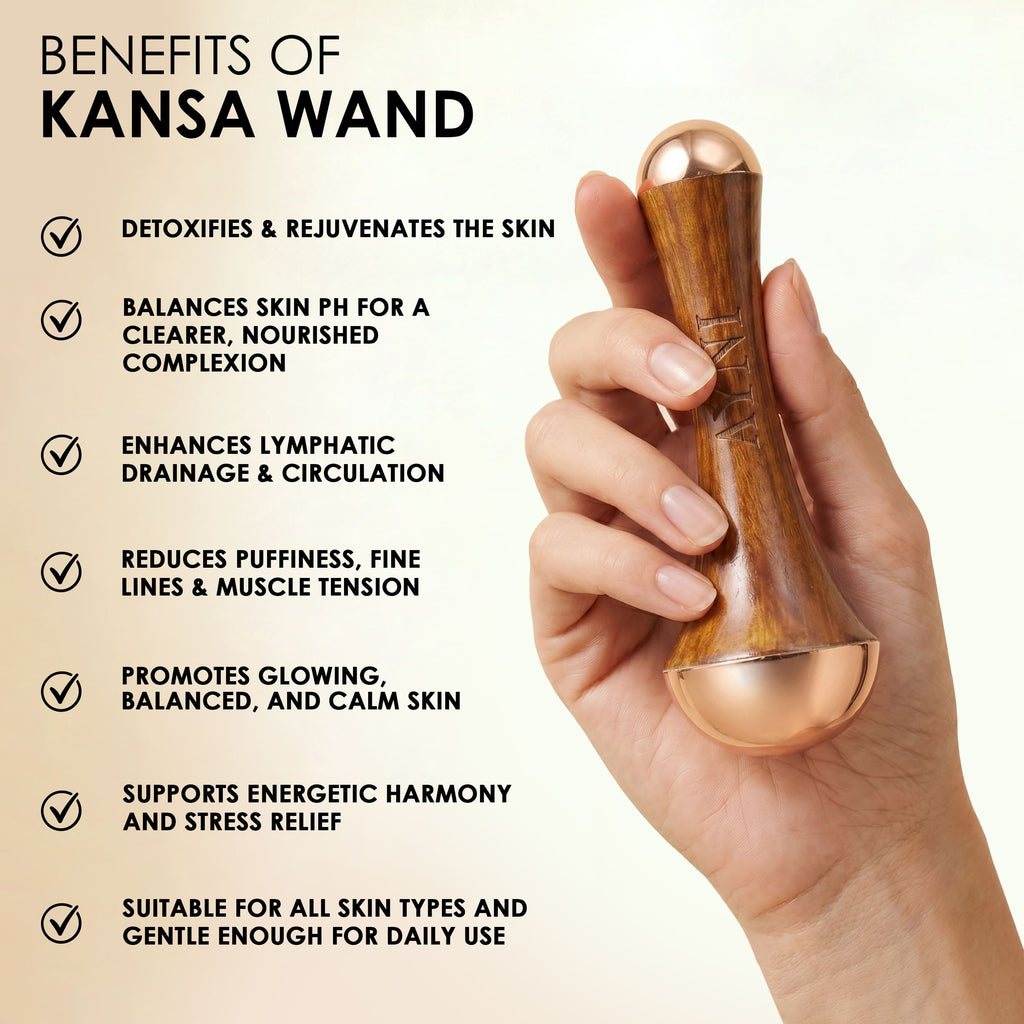 Hand holding a Ayni Ayurveda Kansa Wand with listed benefits on a beige background