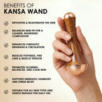 Hand holding a Ayni Ayurveda Kansa Wand with listed benefits on a beige background