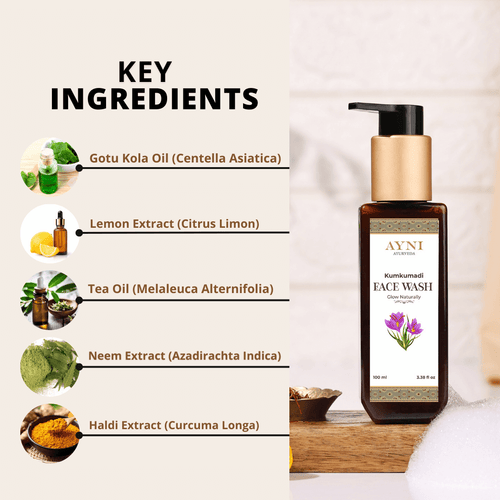 Ayni Kumkumadi Face Wash bottle with key ingredients listed on a white background