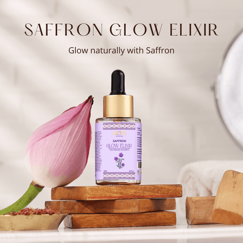 Saffron Glow Elixir bottle with saffron flower on a wooden stand