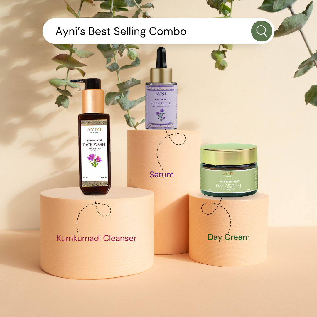 Ayni skincare products including Face Wash, Serum, and Day Cream on a beige background with greenery.