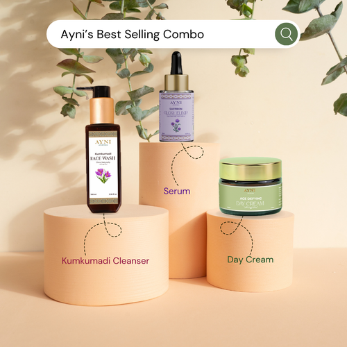 Ayni skincare products including Face Wash, Serum, and Day Cream on a beige background with greenery.